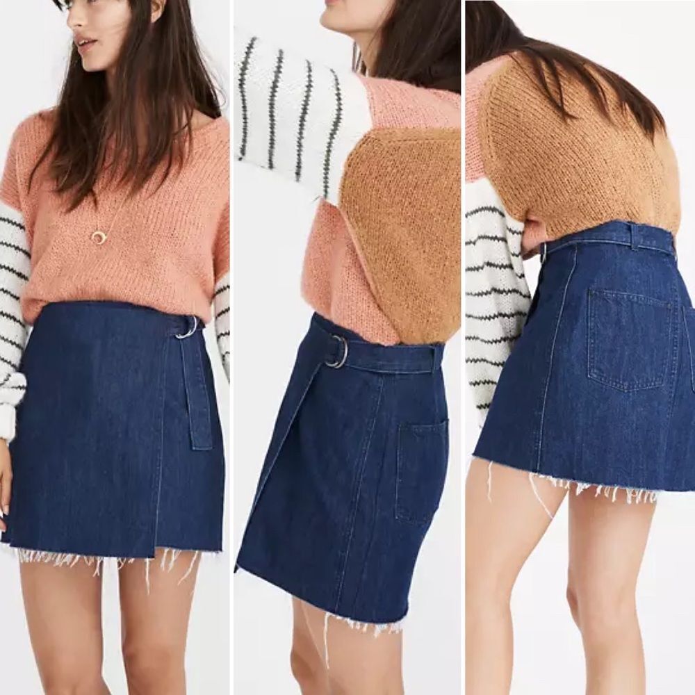 Madewell Denim Mini Skirt Size 0 A-Line Wrap Raw Hem Jean D-Ring Belt Minimalist